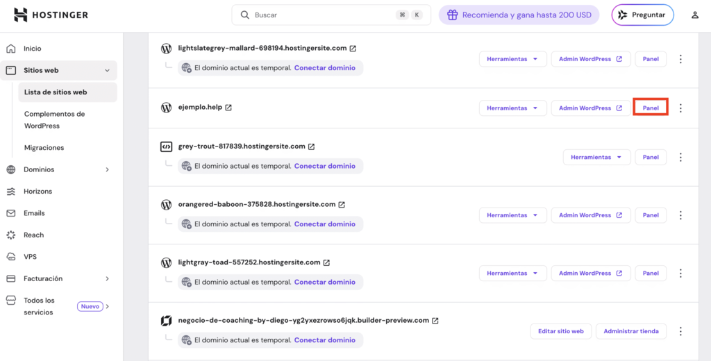 Sección de sitios web de hPanel
