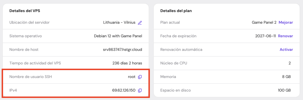 Credenciales de acceso SSH del servidor en la p&aacute;gina de descripci&oacute;n general del VPS de hpanel