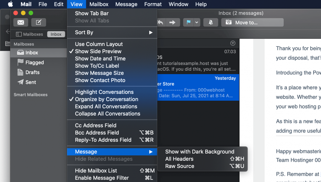 iCloud, resaltando Ver > Mensaje.