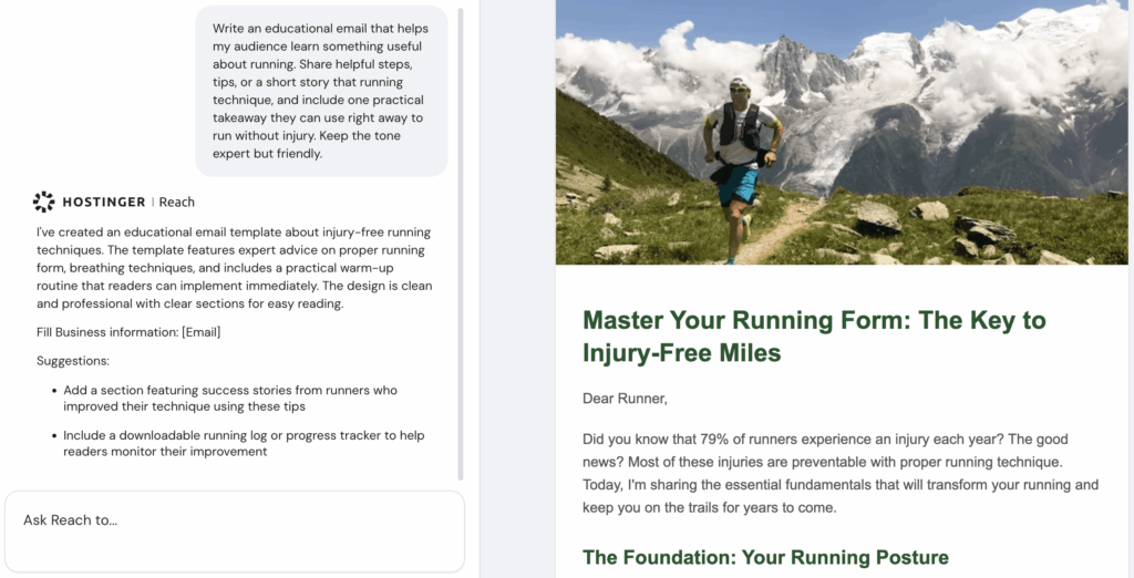 Editor de campañas de correo electrónico en Hostinger Reach