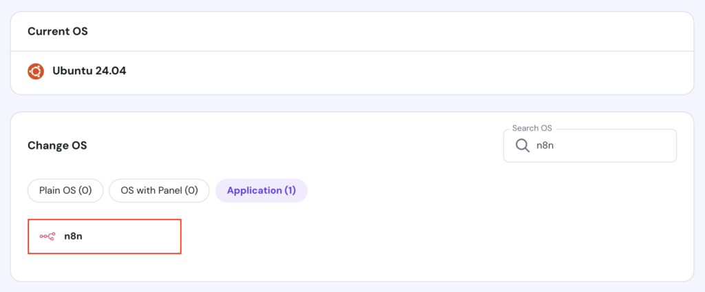 La plantilla de n8n en la secci&oacute;n Cambiar el sistema operativo del VPS de hPanel
