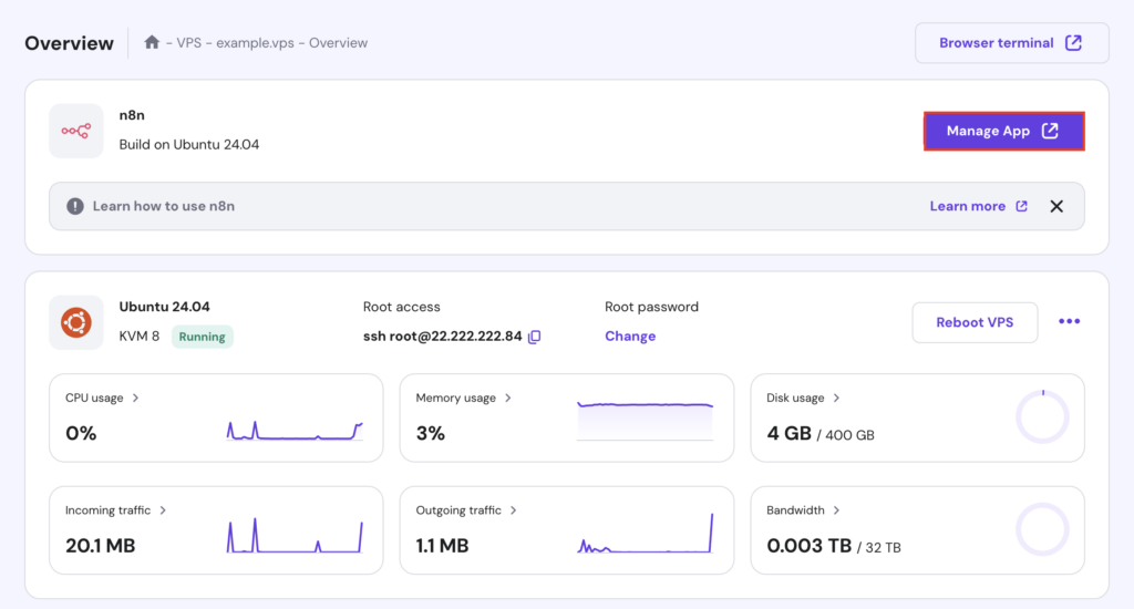 El bot&oacute;n Administrar aplicaci&oacute;n en la p&aacute;gina de Resumen del VPS de hPanel
