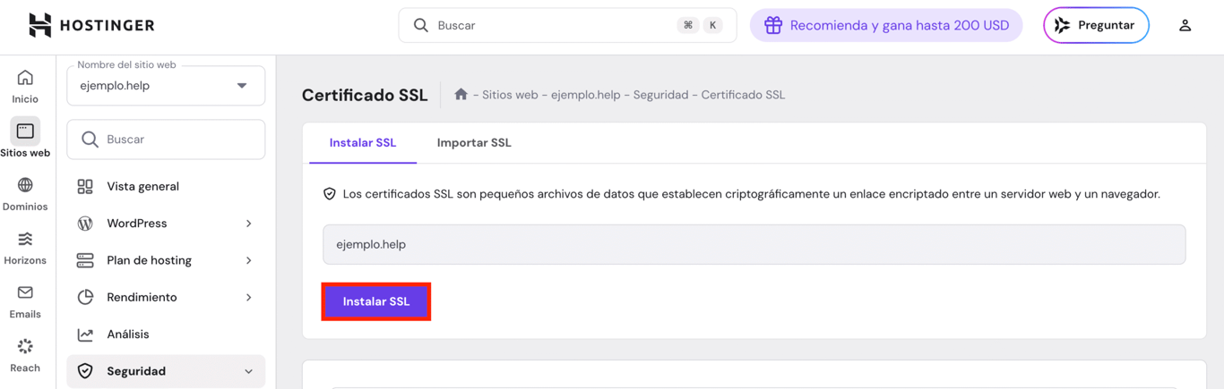 Sección de certificado SSL de hPanel