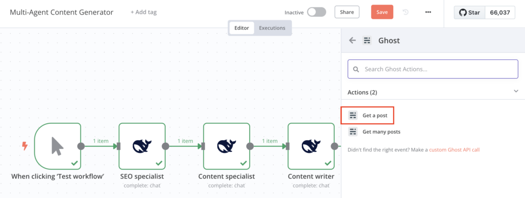 La acci&oacute;n Obtener una publicaci&oacute;n en el nodo Ghost del lienzo del editor de flujos de trabajo de n8n
