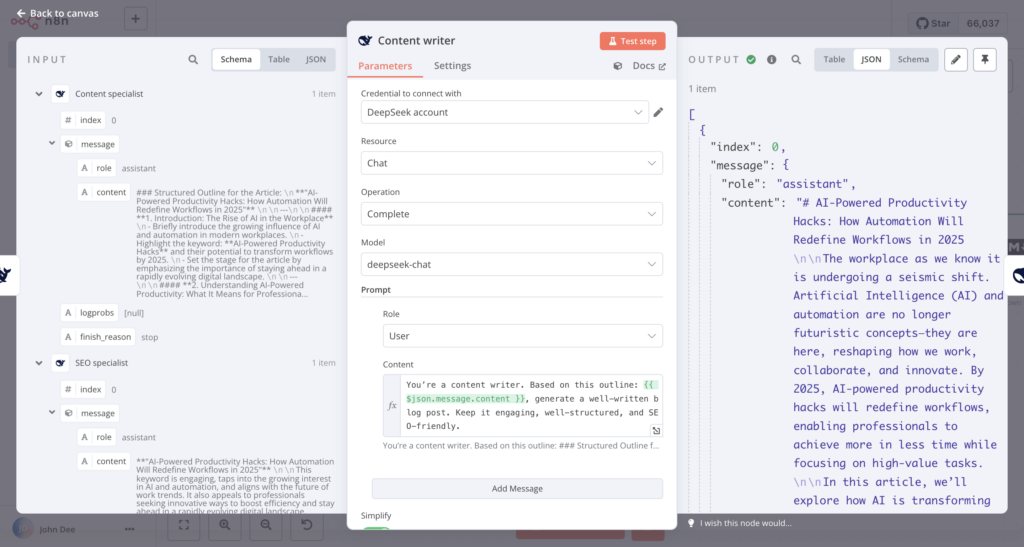 La entrada, el cuadro de di&aacute;logo de configuraci&oacute;n y el panel de salida del nodo de redacci&oacute;n de contenido DeepSeek en n8n