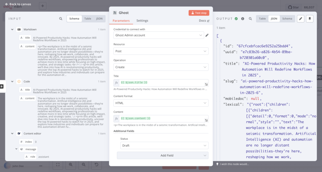 La entrada, el cuadro de di&aacute;logo de configuraci&oacute;n y el panel de salida del nodo Ghost en n8n