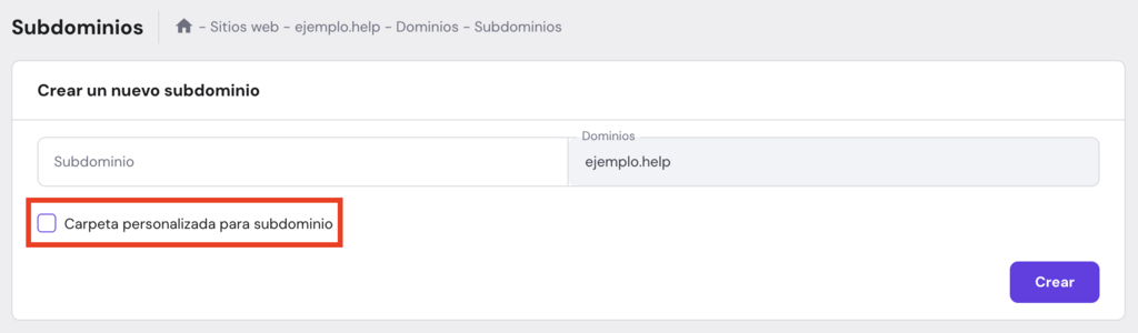 Casilla de verificación para crear una carpeta personalizada para tu subdominio