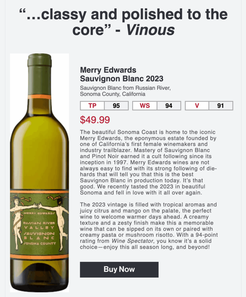 Campaña de marketing por correo electrónico de Wine.com que muestra detalles sobre un vino