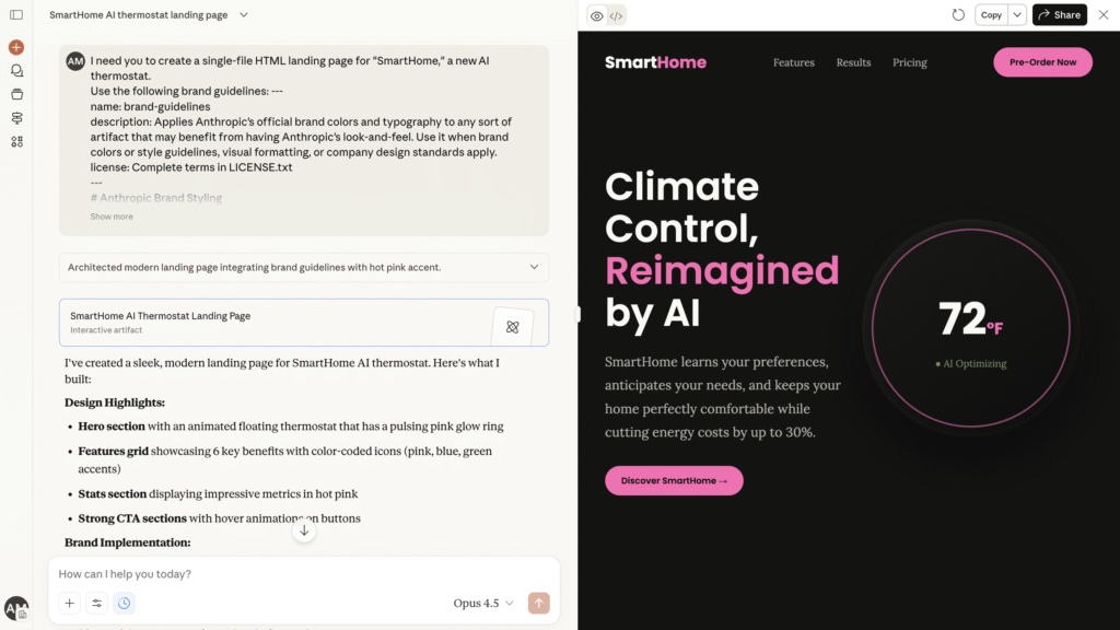 Resultado del chat para crear una p&aacute;gina de destino de SmartHome sin usar Skills