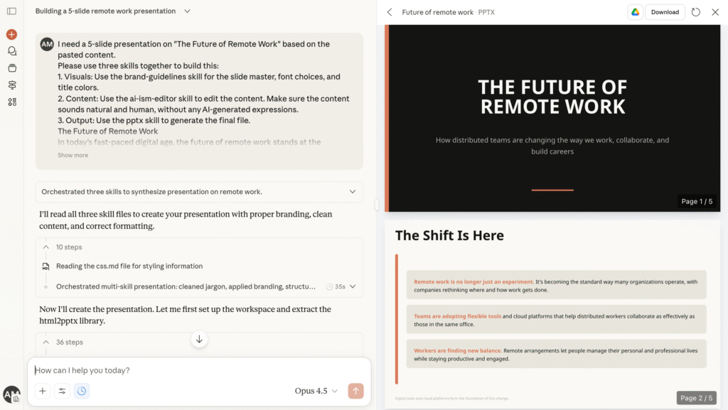Chatea usando tres habilidades para generar una presentaci&oacute;n de cinco diapositivas sobre trabajo remoto.