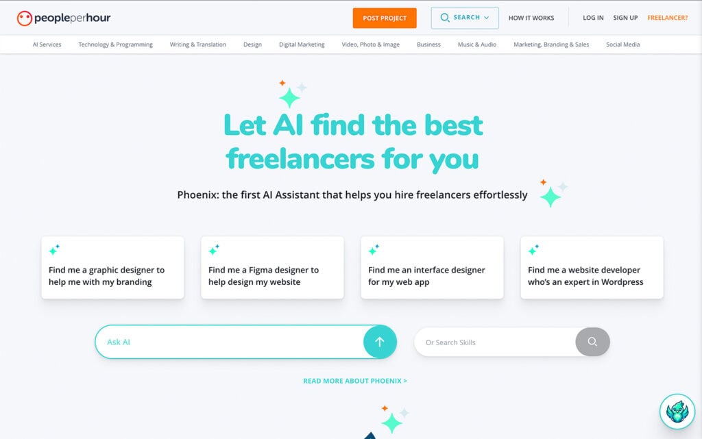 P&aacute;gina de inicio de PeoplePerHour con opciones para encontrar servicios freelance en diversas industrias.
