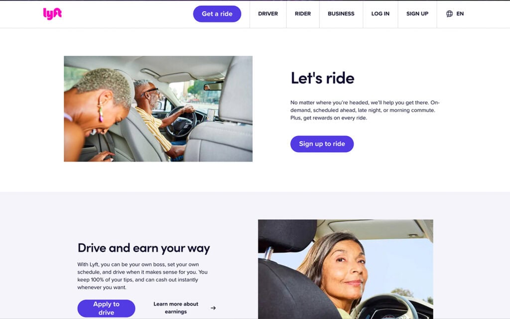 P&aacute;gina de inicio de Lyft que promociona viajes compartidos y oportunidades para conducir, con retiros de dinero al instante.