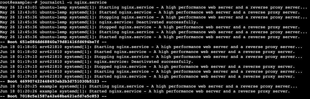 La salida de la terminal muestra registros del servicio NGINX.