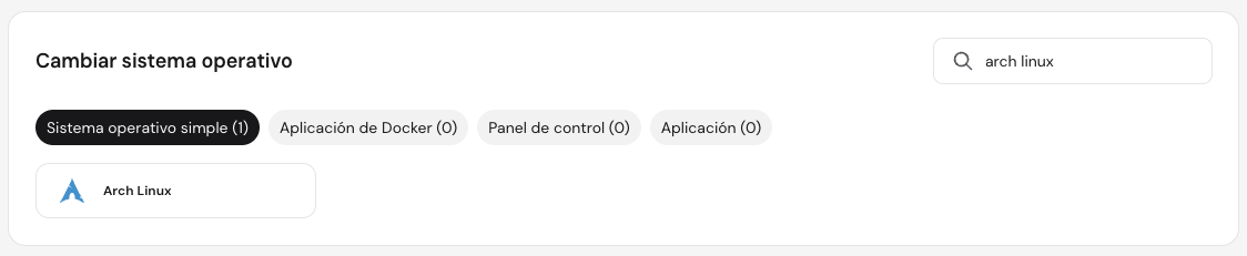 La plantilla de Arch Linux en el menú de gestión del sistema operativo del VPS de Hostinger