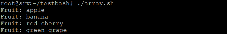 La salida de un bucle for de bash con un array
