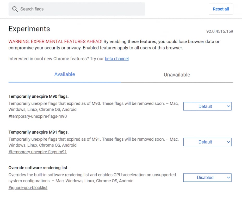 Modificar las opciones experimentales de Chrome.