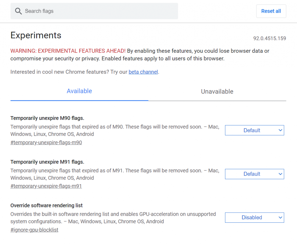 Modificar las opciones experimentales de Chrome.
