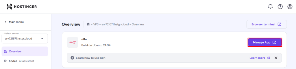 Acceder al panel de n8n desde hPanel.