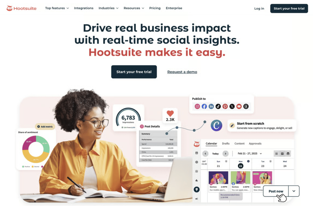 Web de Hootsuite que promociona análisis de redes sociales