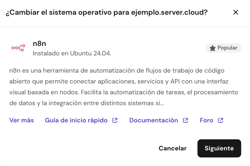 Selección de la plantilla de n8n con el sistema operativo Ubuntu 24.04 en hPanel.