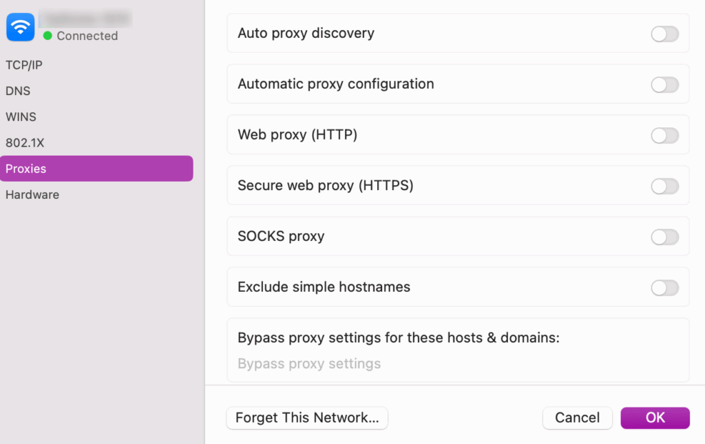 La pesta&ntilde;a Proxies en macOS