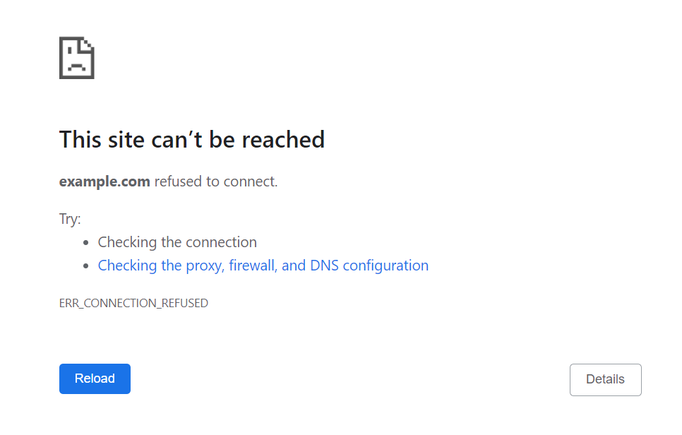 La p&aacute;gina de error ERR_CONNECTION_REFUSED en Google Chrome.