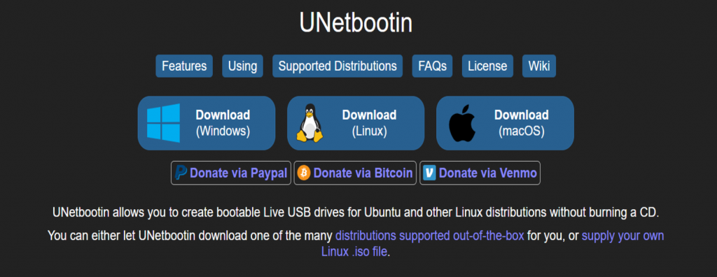 P&aacute;gina de UNetbootin en GitHub
