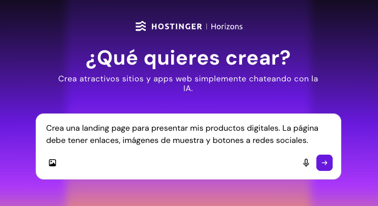 Cuadro de prompt del creador de páginas web con IA de Hostinger, Horizons