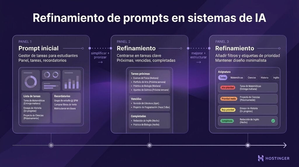 Diagrama que muestra tres paneles de refinamiento de prompts de IA: lista inicial de tareas generales, enfoque en las tareas priorizadas y tareas filtradas con etiquetas de prioridad.