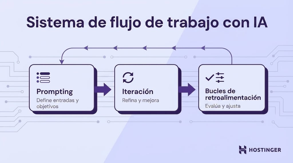 Diagrama del sistema de flujo de trabajo de IA que muestra estos pasos: datos de entrada y objetivos del prompt, iteración para perfeccionarlo y ciclos de feedback para evaluarlo y ajustarlo.