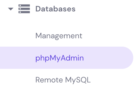 El botón de phpMyAdmin en la sección Bases de datos de hPanel
