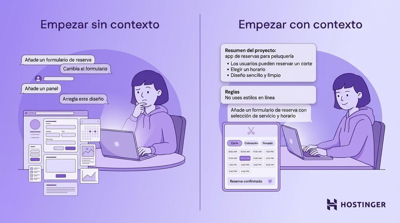 Mejores prácticas de vibe coding: mantén el contexto coherente en todos los prompts, ilustración comparativa de los prompts iniciales con y sin contexto