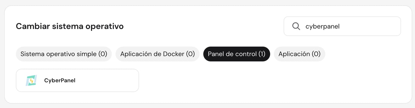 La plantilla de CyberPanel en la p&aacute;gina de Sistema Operativo VPS de hPanel