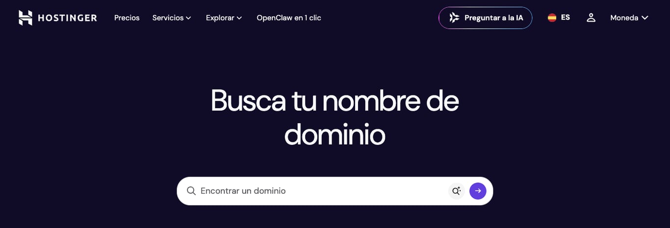 Panel de búsqueda de dominios de Hostinger