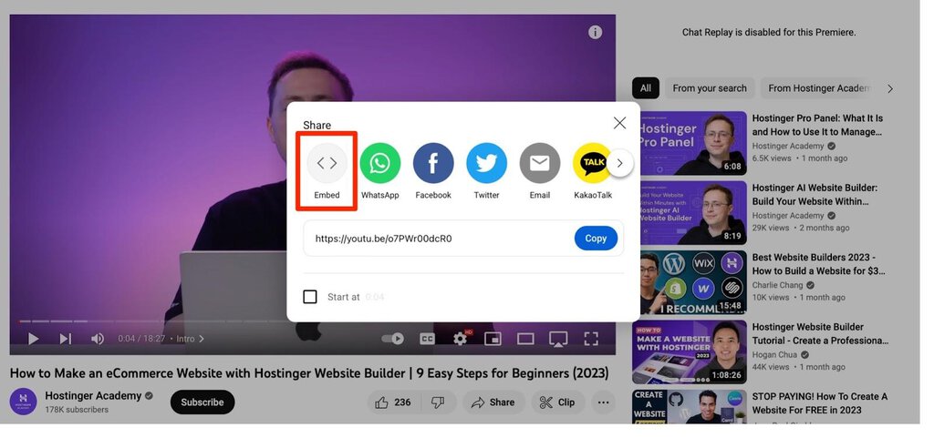 El código para insertar un video de YouTube en el canal de Hostinger.