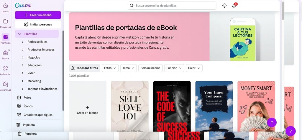 Cómo crear un ebook: Página web de Canva con plantillas de portadas para ebooks