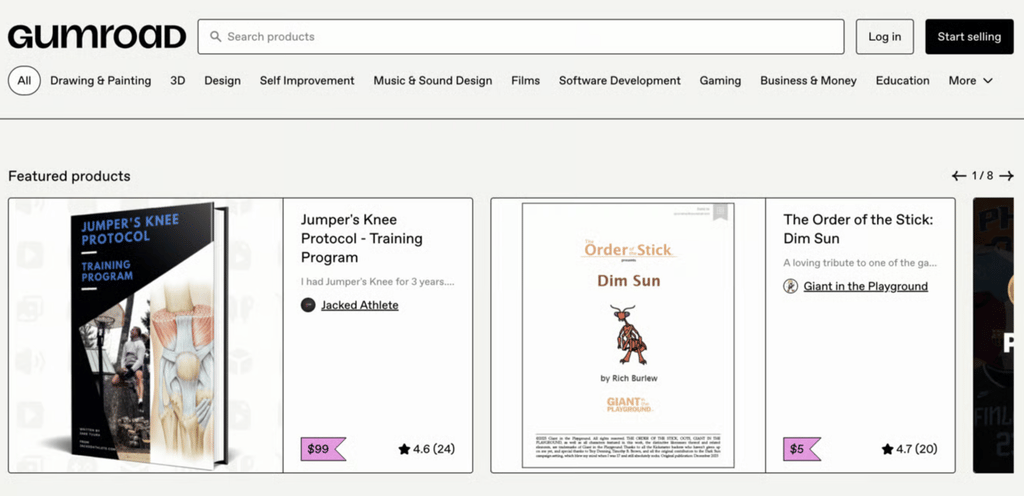 Página principal del marketplace de Gumroad con productos digitales