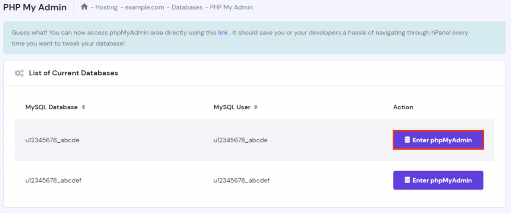 La sección de phpMyAdmin en hPanel. El botón