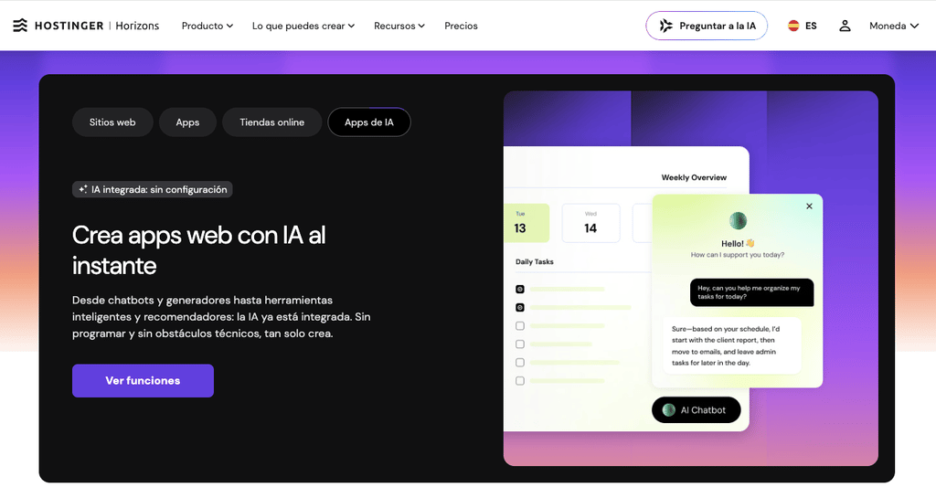 Interfaz de la plataforma de IA Hostinger Horizons que muestra la creaci&oacute;n de una web de blog con tem&aacute;tica de viajes y una descripci&oacute;n de un socio de IA todo en uno sobre un fondo oscuro.