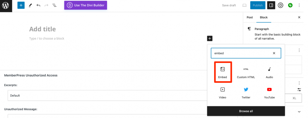 Añadir el bloque Incrustar en el editor de bloques de WordPress.