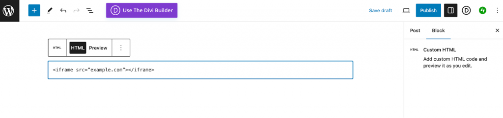 Añadir las etiquetas HTML de iFrame a un bloque HTML personalizado en WordPress.