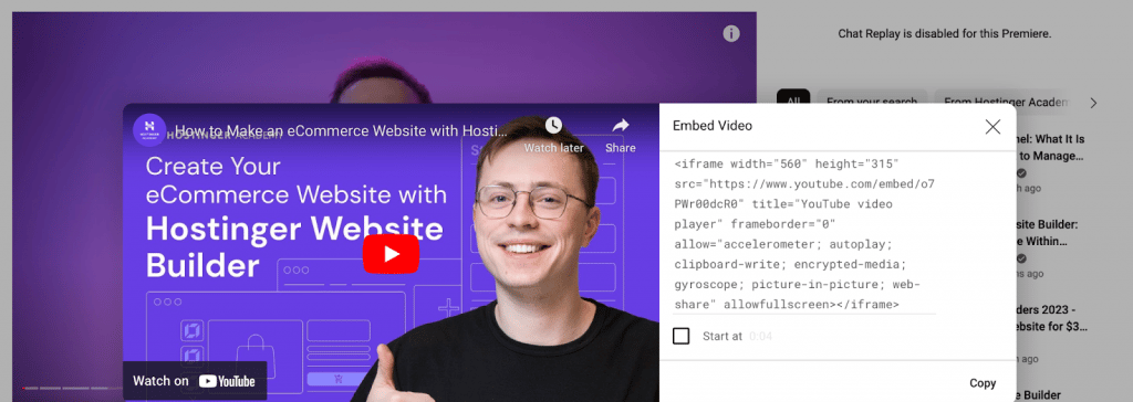 Un código de inserción de YouTube con parámetros de iFrame.
