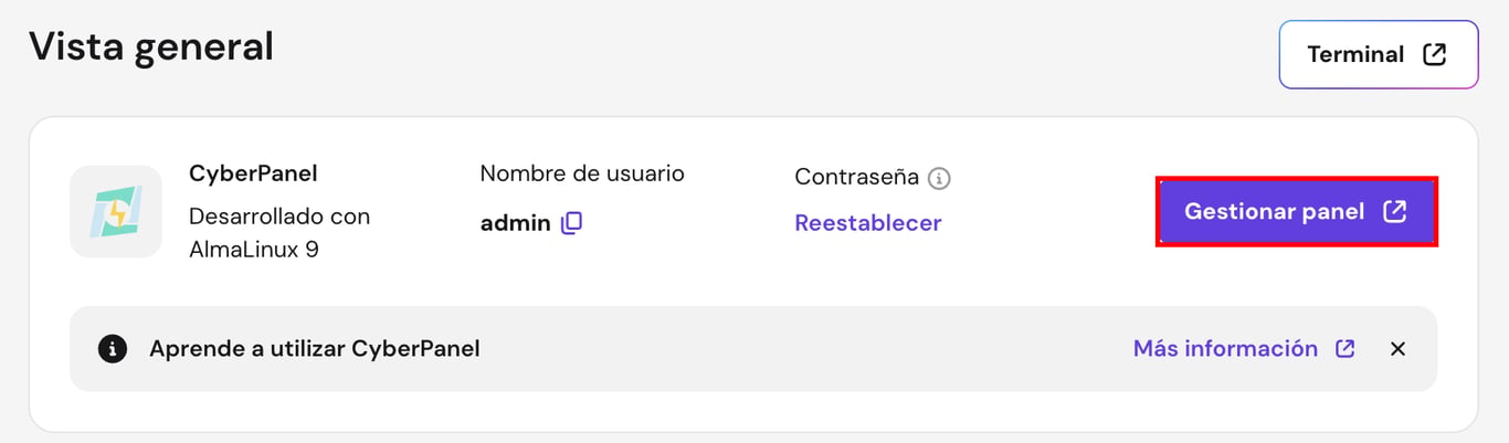 El bot&oacute;n Gestionar panel en hPanel