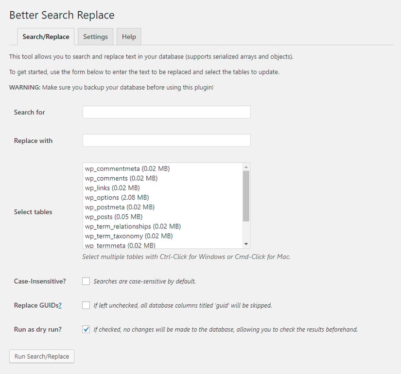 Plugin Better Search and Replace, rellena la información sobre lo que quieres buscar