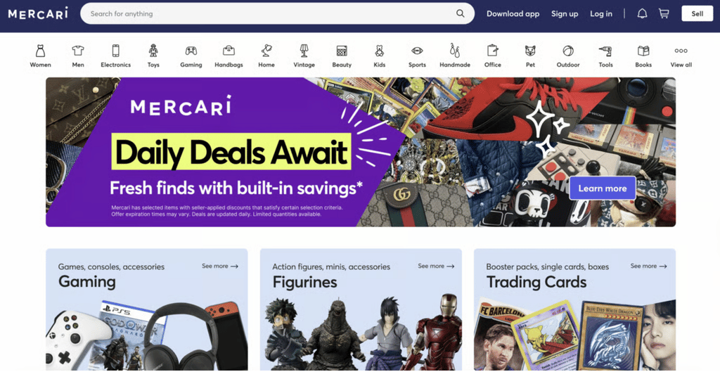 Página de inicio de Mercari con ofertas diarias
