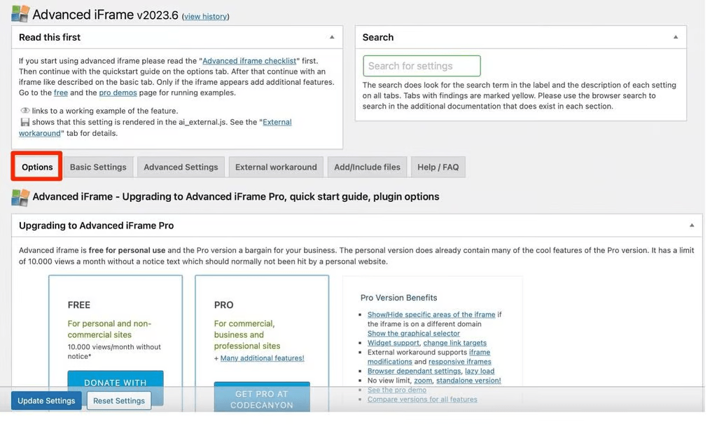 Las opciones del plugin Advanced iFrame.