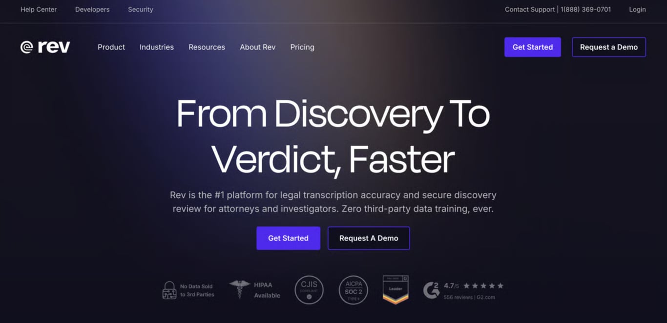 Web de Rev para servicios de transcripción legal