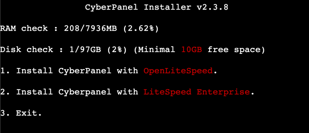 selecci&oacute;n del servidor web en el instalador de CyberPanel