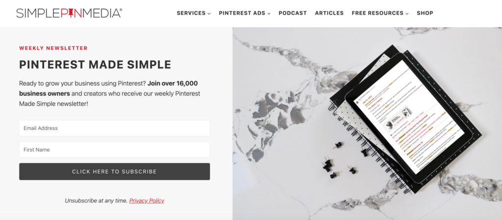 Página de la newsletter de Simplepinmedia