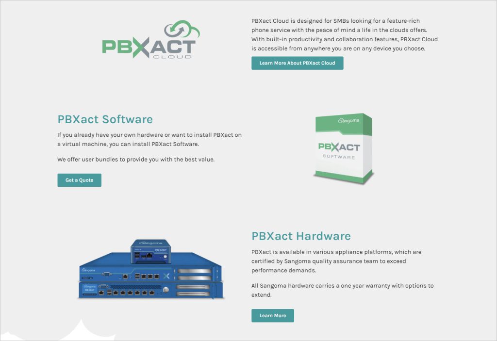 Una captura de pantalla de la web de FreePBX que ofrece una solución comercial basada en la nube con paquetes de software y plataformas de hardware de Sangoma